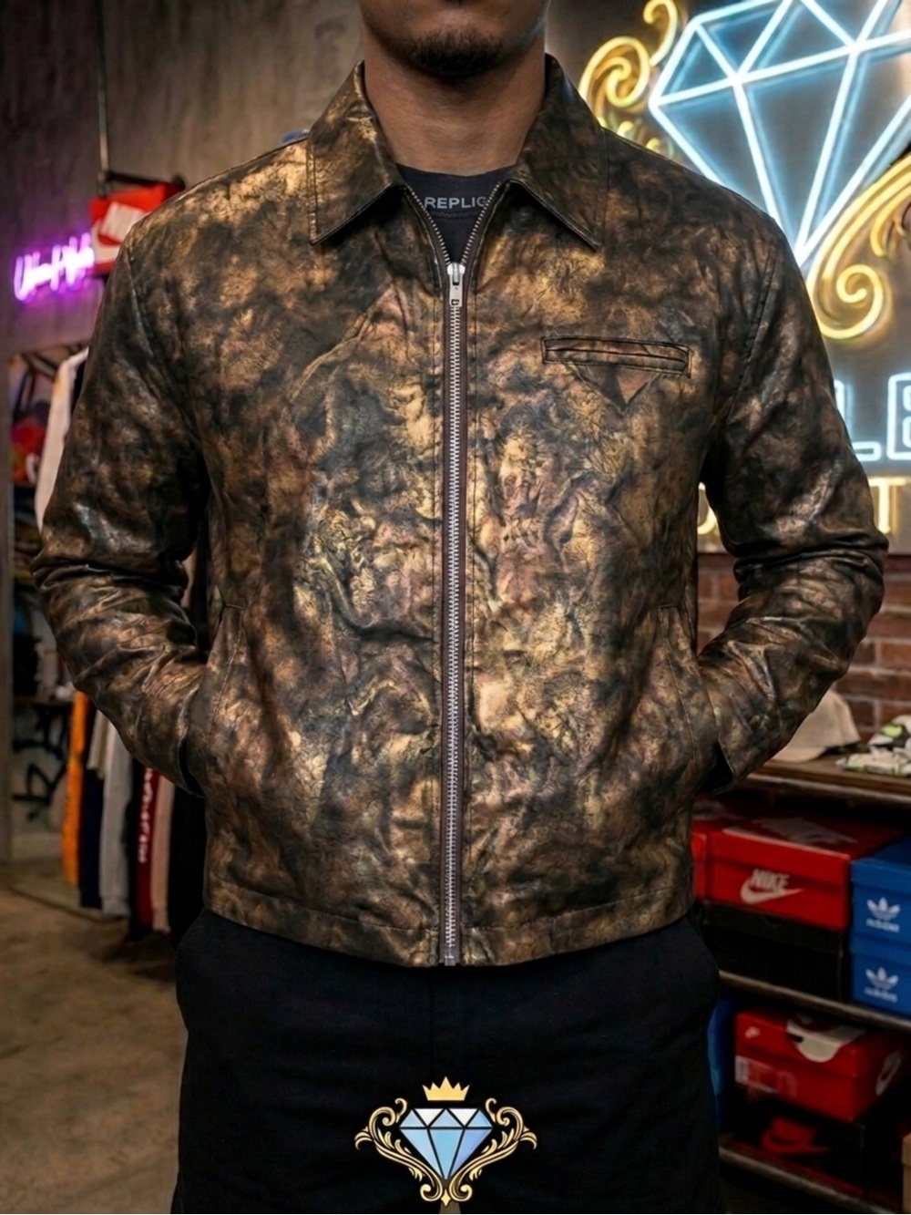 Fashion Nova Men Metallic Gold & Bronze Cropped Zip Jacket | Size Medium